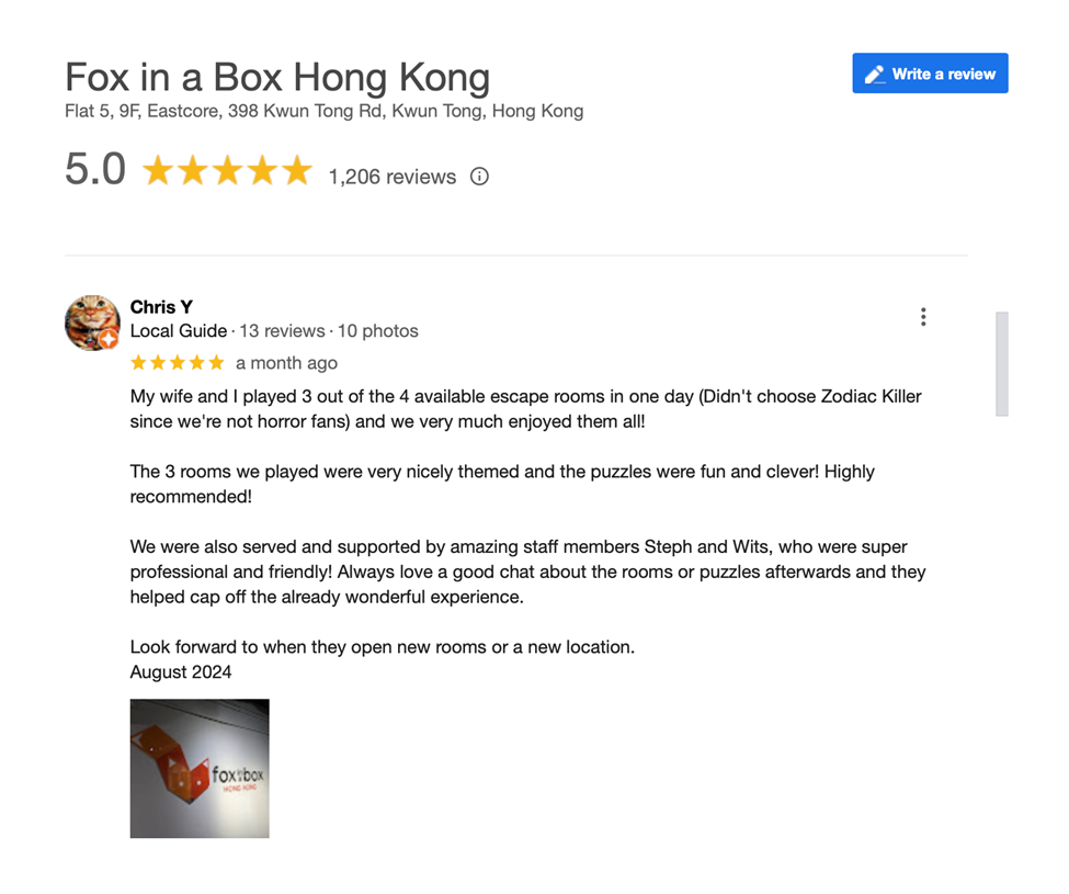 Fox in Box Hong Kong google review screen shot